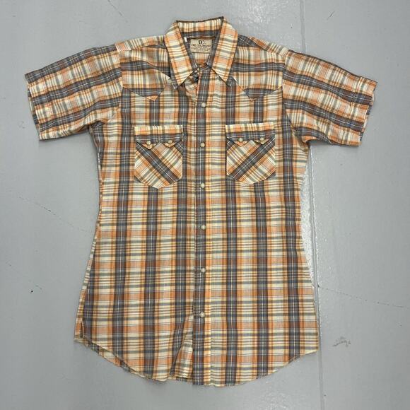 Vintage 70s Dee Cee Brand Orange Plaid Pearl Snap Shirt - Picture 1 of 3